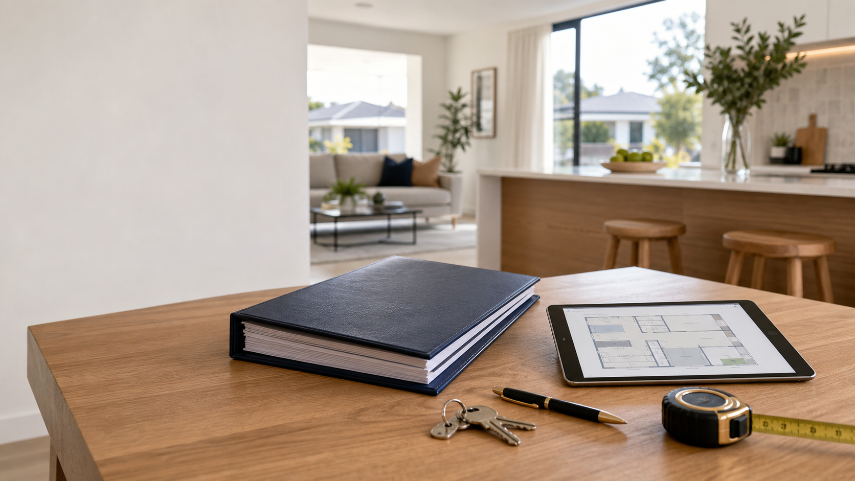 Bright Australian home office desk with property valuation report, keys and market analysis